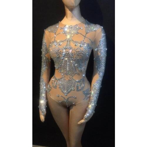 Sparkly nude bodysuit party girl Full diamond jumpsuit dj female singer gogo costume