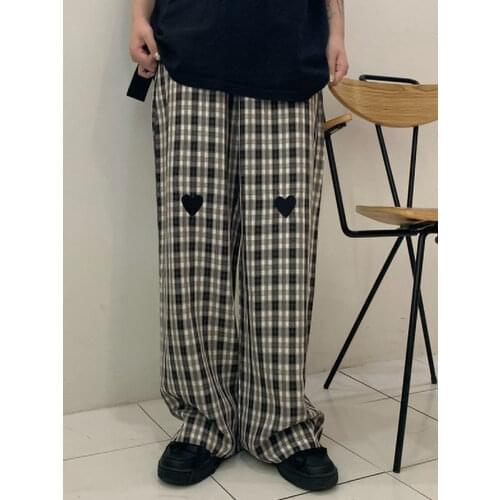 Summer Cool Plaid Pants Harajuku Punk Pants Heart Embroidery Autumn Trousers Korean Fashion Funny Hip Hop Japan Pants Women