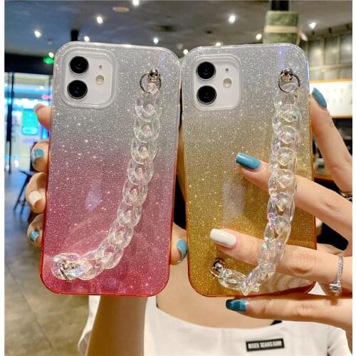 Candy Glitter Gradient Sequins Phone Case For iPhone 11 12 MiNi 12 Pro Max X XR XS Max 7 8 Plus Cover With Transparent Bracelet