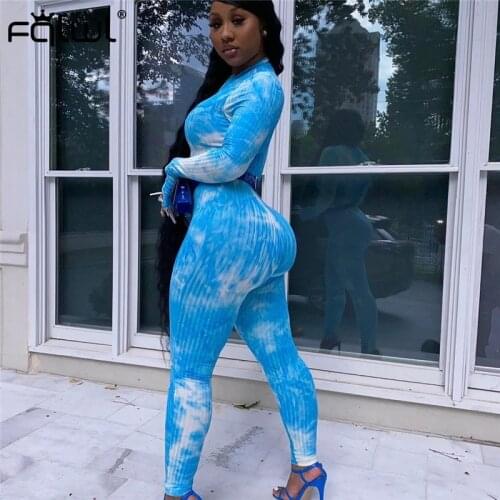 FQLWL Streetwear Tie Dye Sexy Rompers Womens Jumpsuit Female One Piece Outfits Long Sleeve Pink Bodycon Ladies Jumpsuit Women