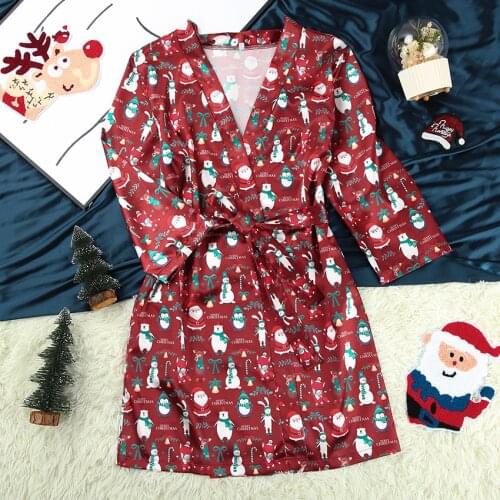 HiLoc Cartoon Christmas Pajamas Women Robes Sleepwear Satin Three Quarter Sleeve Woman Bathrobe For Home Robe Print Sexy Pajama