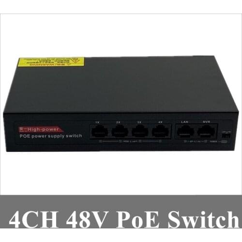 IP Camera CCTV 6Port 48V 4 PoE Injector Power Over Ethernet Switch 120W IEEE802.3af/at 1,2+/3,6- Power Adapter Inside
