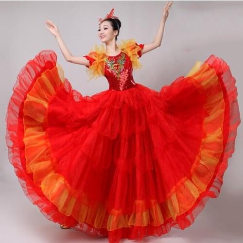 Chinese Folk Dances Costumes Chorus Stage Openers Grand Skirts Womens Flamenco Spanish Dance Dress 360/540/720 Degree DL6113