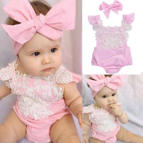 Newborn Baby Girls Rompers Lace Floral Jumpsuit + Headband 2pcs Outfits Sunsuit Clothes