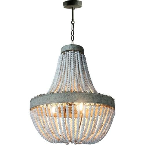 Retro Round Wooden Bead Chandelier E27 Led Living Room Hanging Lamp Bedroom Kitchen Chandelier Lighting Cafe Shop Decor Light