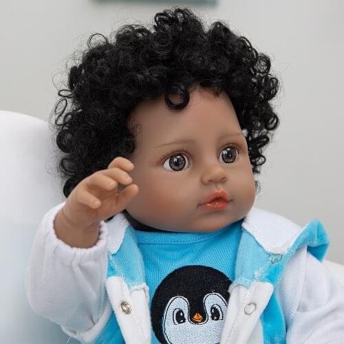 49CM Reborn Baby Dolls Full Silicone Vinyl Body Black Skin Curls Realistic Bebe Reborne Babies Toys For Kids Birthday Xmas Gifts