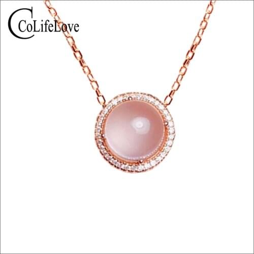CoLife Jewelry Simple Silver Pendant for Daily Wear 8mm Natural Rose Quartz Pendant 925 Silver Rose Quartz Jewelry Gift for Girl