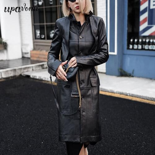 2020 Fashion Autumn Vintage PU Leather Coat Jacket Women Lapel Long Sleeve Single Breasted Pocket High Waist Lace-up Long Jacket