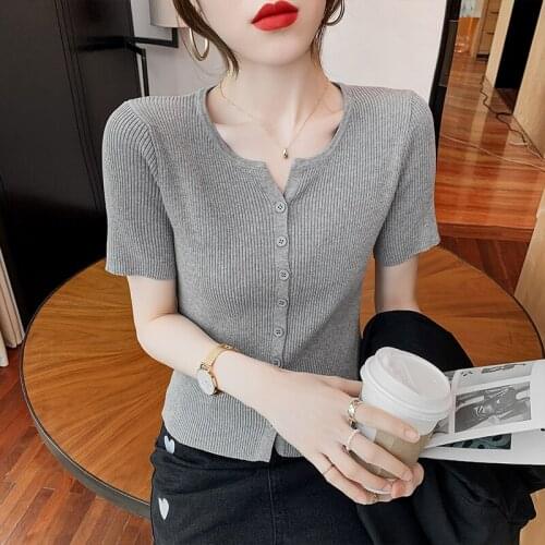 Summer Women Sexy Top Cropped Rib Sleeve T-shirts Solid Slim Knitted sweaters