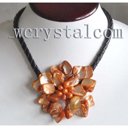 Charming Real Cultured Freshwater Pearl One Orange Shell Flower Necklace Leather