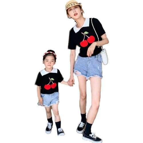 Family Matching Clothing Mother And Daughter Womens Clothing New Cherry Top And Jeans Suit Family Clothing Mother and Daughter