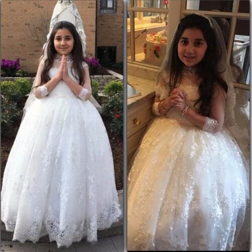 Flower Girl Dresses Three Quarter Sheer Lace Applique Ball Gown First Communion Dress for Girls Customized Vestidos Longo Muslim