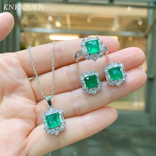 Retro 925 Sterling Silver 7*7MM Emerald Gemstone Jewelry Sets Lab Diamond Wedding Party Pendant Necklace Ring Earrings for Women