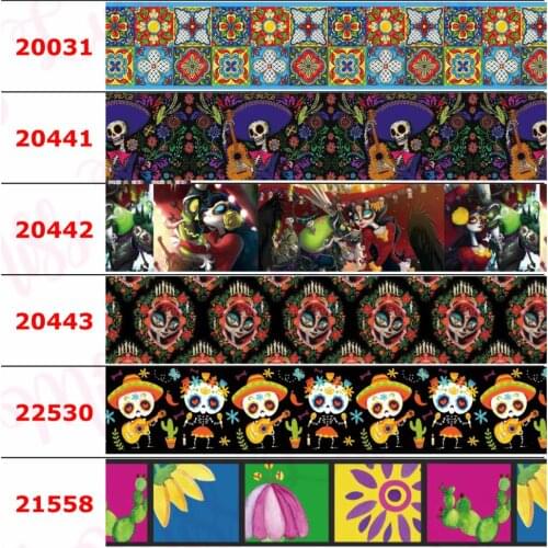 16mm-75mm Mexico Cartoon Series Flower Printed Grosgrain/Elastic Ribbon Geometric Stripes DIY Hair Bowknots 50yards/roll