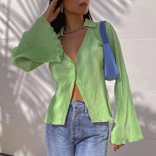 Streetwear Vintage Flare Sleeves Y2K Tshirts Casual Button Up Casual Tops Tee Aesthetic Solid Korean Green Clothes