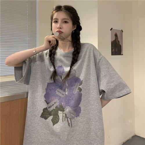 Vintage Loose Lazy Purple Rose Tshirt Womens T-shirts Tops Japanese Kawaii Ulzzang Female Korean Harajuku Clothes For Women