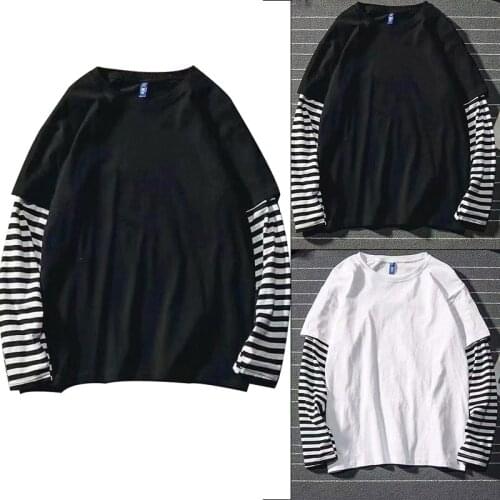 Mens Korean Version Fake Two-Piece hoodies Bottoming Shirt Couple Loose Long-sleeved Striped Casual Autumn Tops