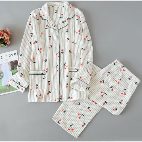 100% Cotton Womens Pajamas Sets Women Home Clothes 2020 Autumn Winter Pyjamas Print Long Sleeve Turn-down Collar Sleepwear Suit
