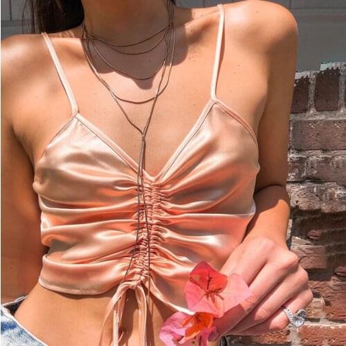 Women Sexy V Neck Camis Summer Pleated Top Ruched Frilly Sling Sleeveless Female Tops Satin Silk Sling Camisole Blusas