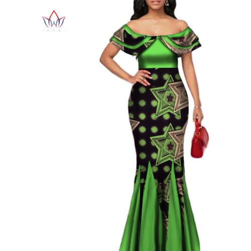 Fashion African Print Long Mermaid Dress for Women Bazin Rich Patchwork Peter Pan Colla Dresses African Design Clothing WY3272