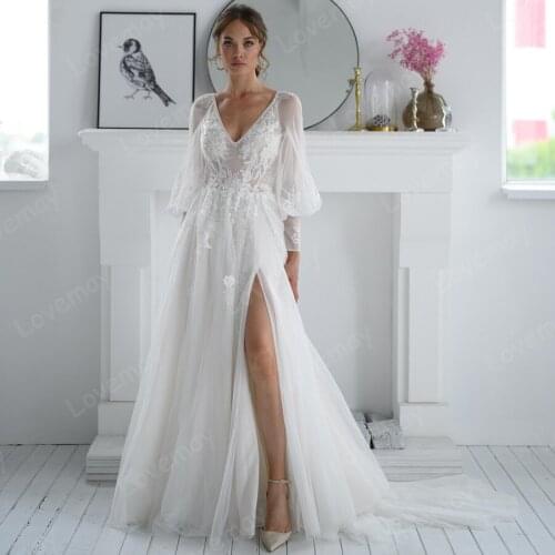 Long Sleeves 2021 Beach Wedding Dresses V Neck Lace Applique Open Back Tulle A Line Boho Wedding Bridal Gowns Vestido De Novia