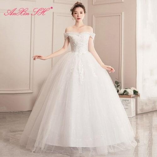 AXJFU princess flower lace white wedding dress party vintage o neck long flare sleeve illusion ball gown lace up wedding dress