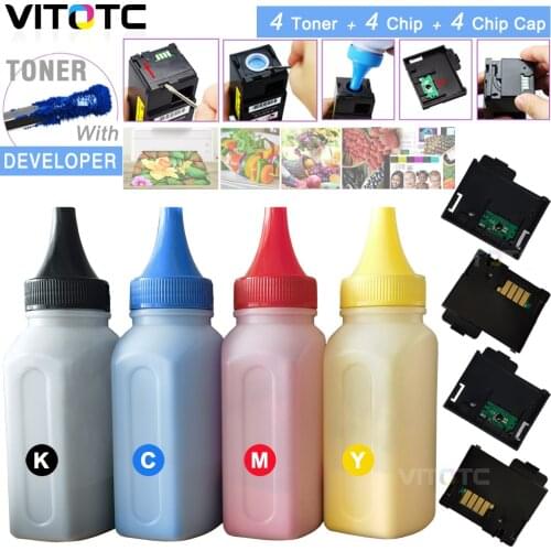 4 Bottle Toner+ 4 Cartridge chip + 4 Chip Cover Cap for Xerox Phaser 6020 6022 WorkCentre 6025 6027 Printer powder refill reset