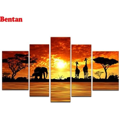 5 pcs set diamond embroidery cross stitch Animal elephant giraffe sunset landscape diy rhinestone diamond painting mosaic art