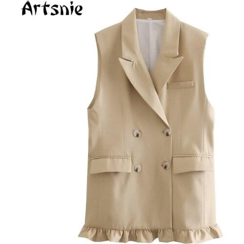 Artsnie Summer 2021 Vest Coat Women Turn Down Collar Sleeveless Ruffles Khaki Blazer Vest Femme Streetwear Ladies Office Vest