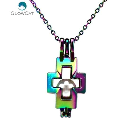 C513 Rainbow Color 30mm Blank Cross Religious Beads Cage Pendant Aroma Essential Oil Diffuser Locket Necklace