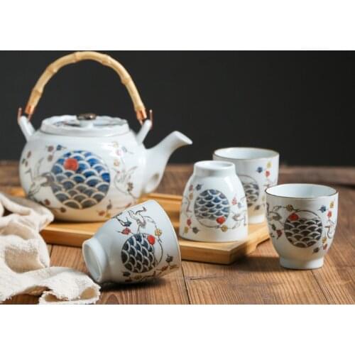 Crane Design Tea Set White Ceramic Porcelain 800ml Teapot with Handle (1 Kettle + 4 Teacups) Gift Box
