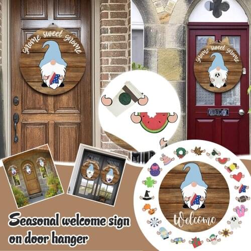 Wooden Seasonal Welcome Door Sign Interchangeable Welcome Sweet Home Round Wood Hanging Front Door Sign with Seasonal Ornament