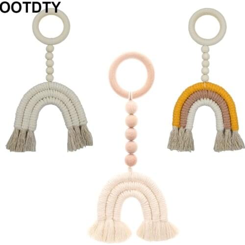 Wooden Teether Baby Teething Ring Nursing Beech Teether Baby Sensory Toy Hand-woven wooden rainbow Teether Baby Stroller Pendant