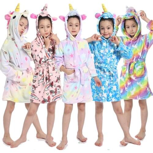 Unicorn Hooded Children Bathrobes Baby Rainbow Bath Robe Animal For Boys Girls Pyjamas Nightgown Kids Sleepwear Dreessing Gown