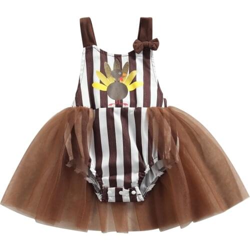 Thanksgiving Day Tulle Romper Baby Girls Clothes Stripe Cartoon Print U-shaped Neck Playsuit With Bowknot Childrens Clothing
