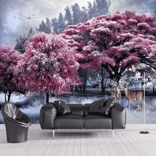Custom 3D Photo Wallpaper Murals Beautiful Pink Forest Big Tree Elk Scenery 3D Living Room Decor Mural Wall Cloth Papel De Pared