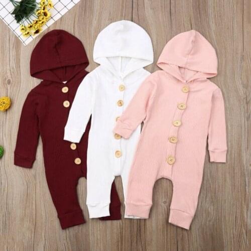 Pudcoco Newborn Baby Girl Boy Rompers Solid Button Long Sleeve Knitted Hooded Romper Cotton Spring Autumn Baby Clothes 0-18M