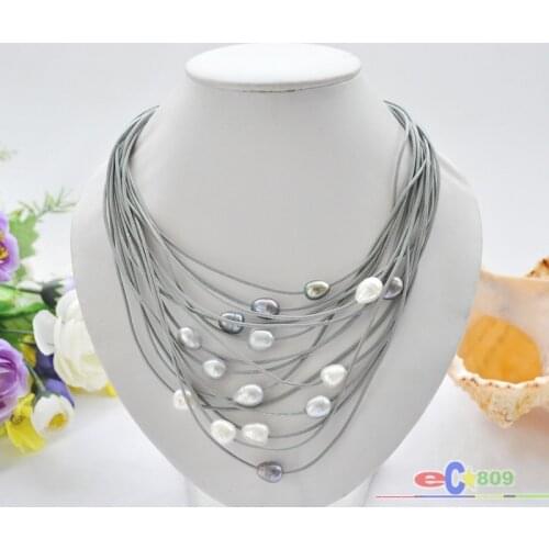 P5214 15row 20" 13mm rice pearl leather necklace