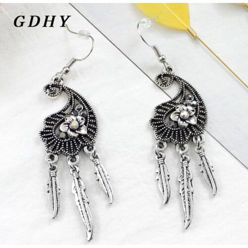 GDHY Silver Color Beautiful Droplet-shaped Flower Pattern Pendant Earrings Charm Earrings Ear Women Girls Jewelry 484