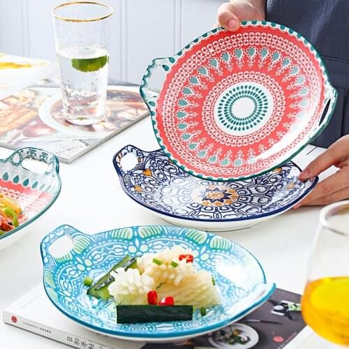Creative Ceramic Dinner Plates Boho Style Cartoon Hand-painted Underglaze Round Amphora Dish Baking Dish Household Tableware