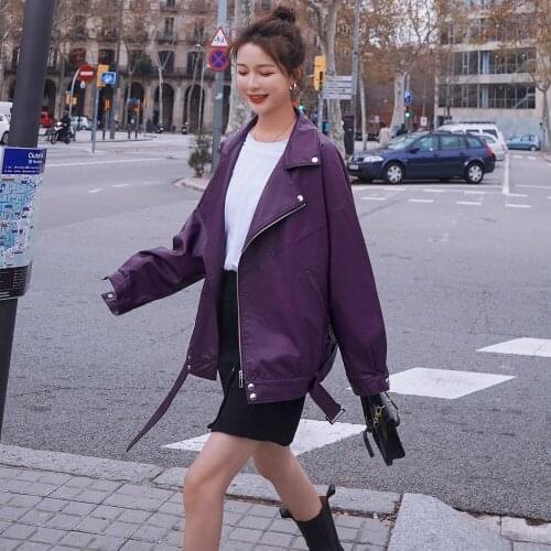 New Locomotive Street Cool Spring Bomber Jacket Leather Jacket Female Purple Pocket Korean Loose Long Sleeve Spring Autumn