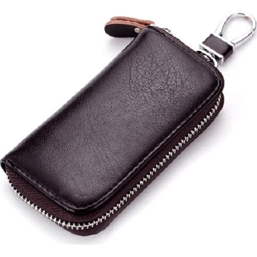 Genuine Leather Rectangle Key Housekeeper Wallet Golden Metal Hook Small Card Key Bag