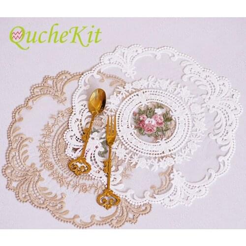Dining Table Embroidery Craft Placemat European Embroidery Flower Fabric Lace Insulation Plate Mat Coffee Table Mat Coaster Home