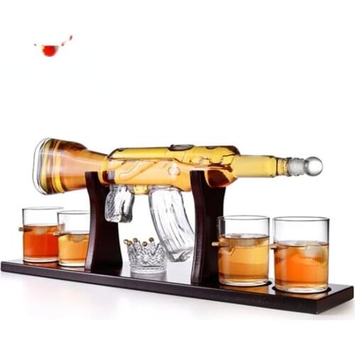 Handblown Borosilicate Gun Shaped Glass Whiskey Decanter Set with Wooden Tray