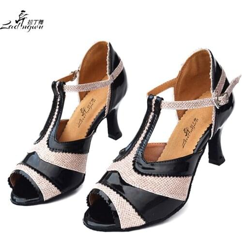 Ladingwu Hot Selling New PU Collocation Flash Cloth Womens Latin Dance Shoes Pink/Black Shoes For Women Salsa Tango Dance Shoes