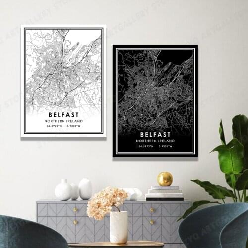 UK BELFAST Poster Nach Städten Karte Drucken Abstrakte Leinwand Gemälde Schwarz und Weiß Wand Kunst Bild Moderne Dekoration