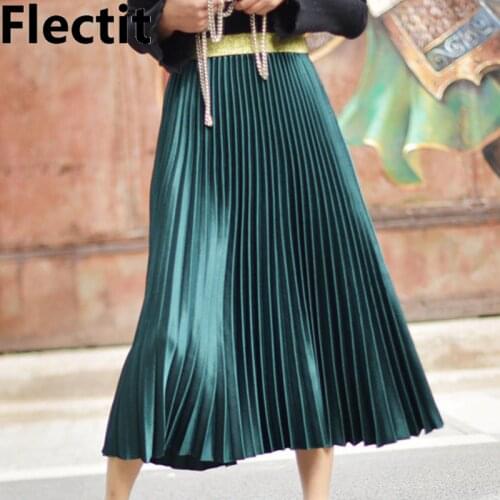 Flectit High Quality Glitter Midi Pleated Skirt Elastic Waist Long Skirt Womens Spring Summer 2020 Outfits