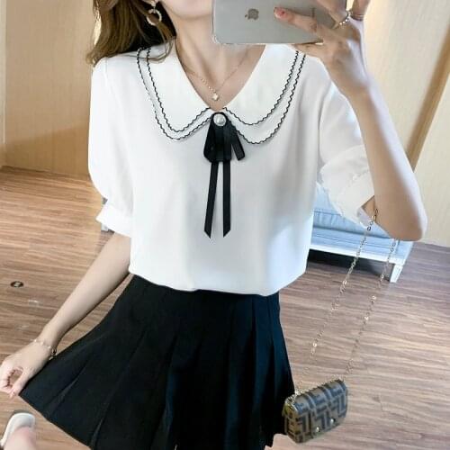 Women Chiffon Blouses Shirt Summer Fashion Lady Casual Short Sleeve Doll Collar Solid Color Casual Loose Tops Female Clothing