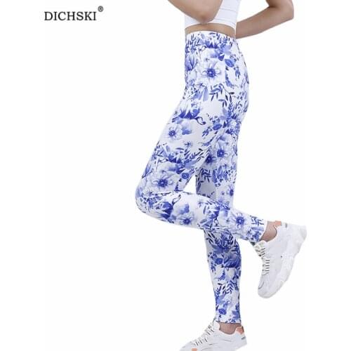 DICHSKI Fitness Women High Waist Push Up Sports Leggings Pants Athletic Trouser Sexy Workout White Blue Leaves Flowers Clothes