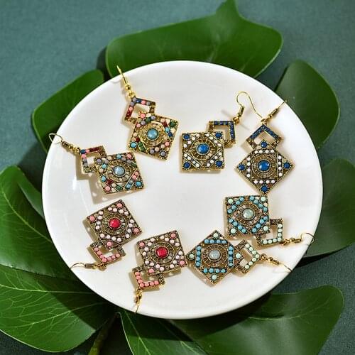 Womens Ethnic Rhombus Alloy Beads Earrings Fashion Jewelry Geometric Vintage Gypsy Boho Earrings Oorbellen Jhumka